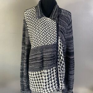 Chaps Black White Sweater Jacket Houndstooth Chevron Striped Mixed Pattern NWOT